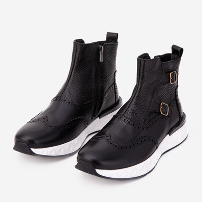 The Stealth Wingtip Buckle Black Leather Men Boot