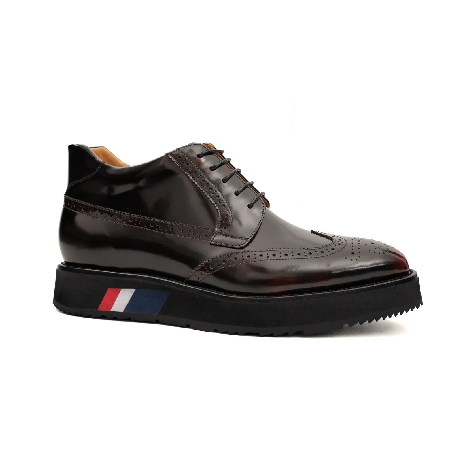 Divinch Tri-Stripe Brogue Platform Calfskin Patent Wine