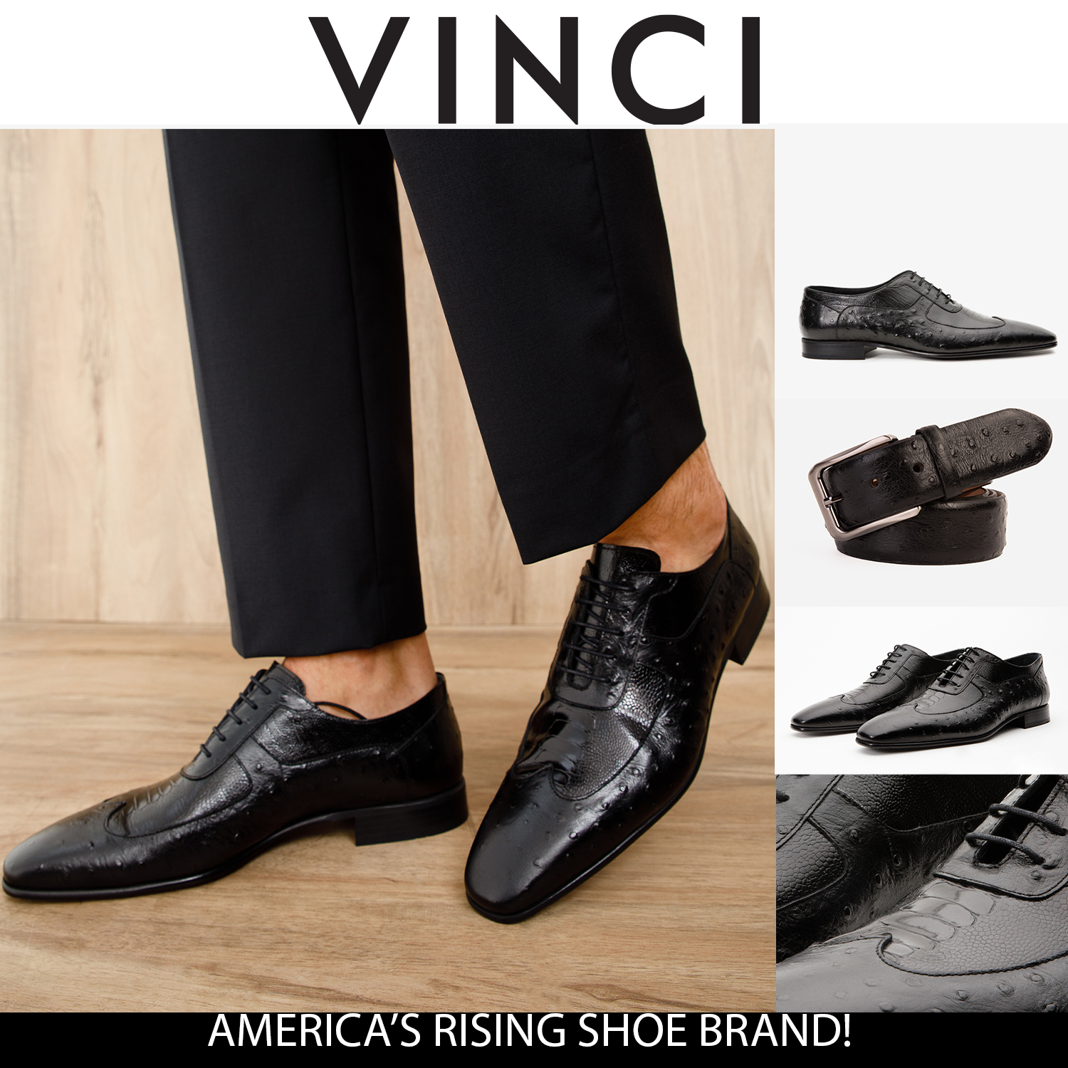 Vinci Leather Shoes The Alabama Black Wingtip Oxford Men Shoe