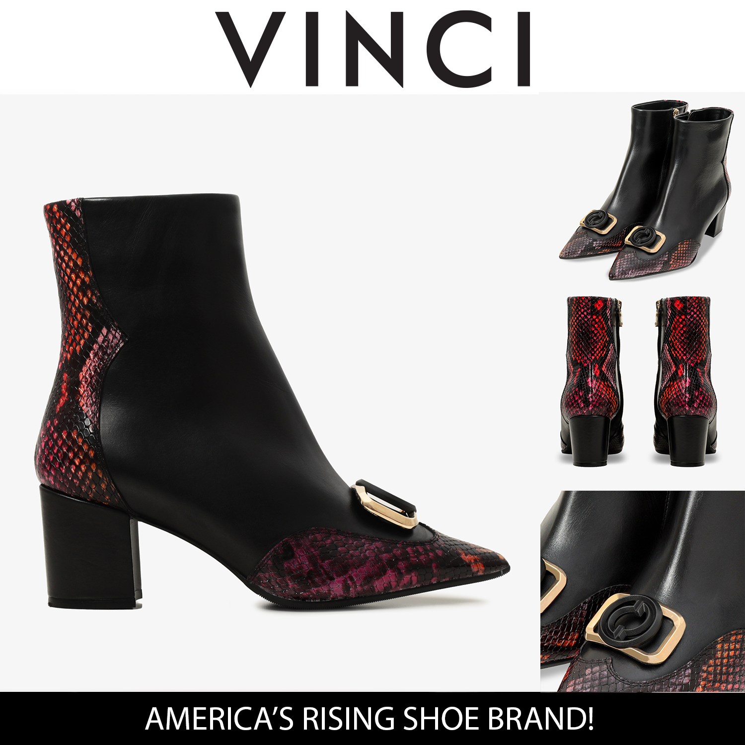 Gray Black & Fuchsia Leather Block Heel Women Boot