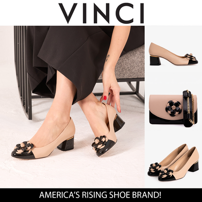 The Diva Beige Leather Cap Toe Block Heel Pump Women Shoe