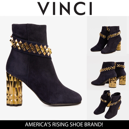 The Metal Navy Suede Leather Block Heel Women Boot