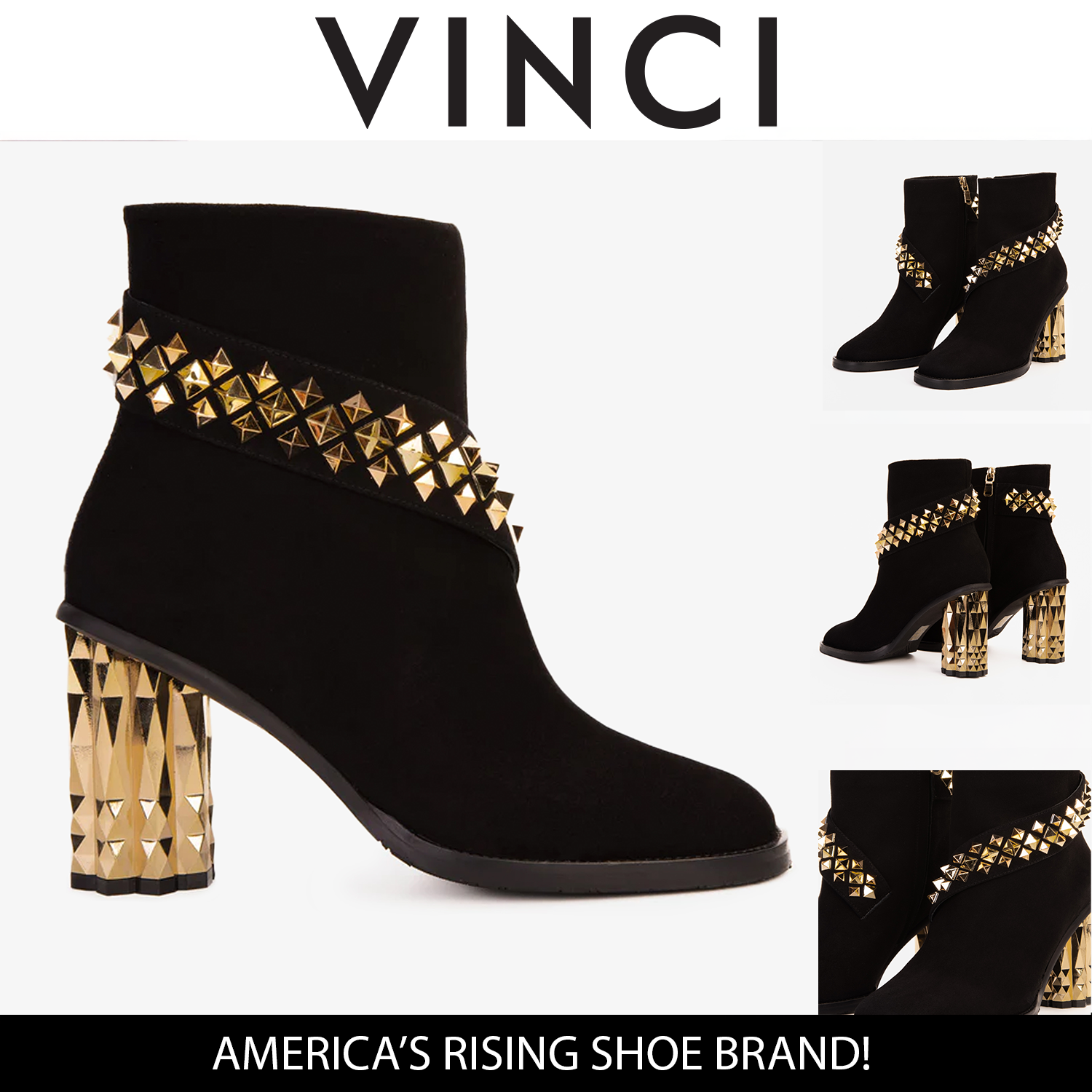 The Metal Black Suede Leather Block Heel Women Boot