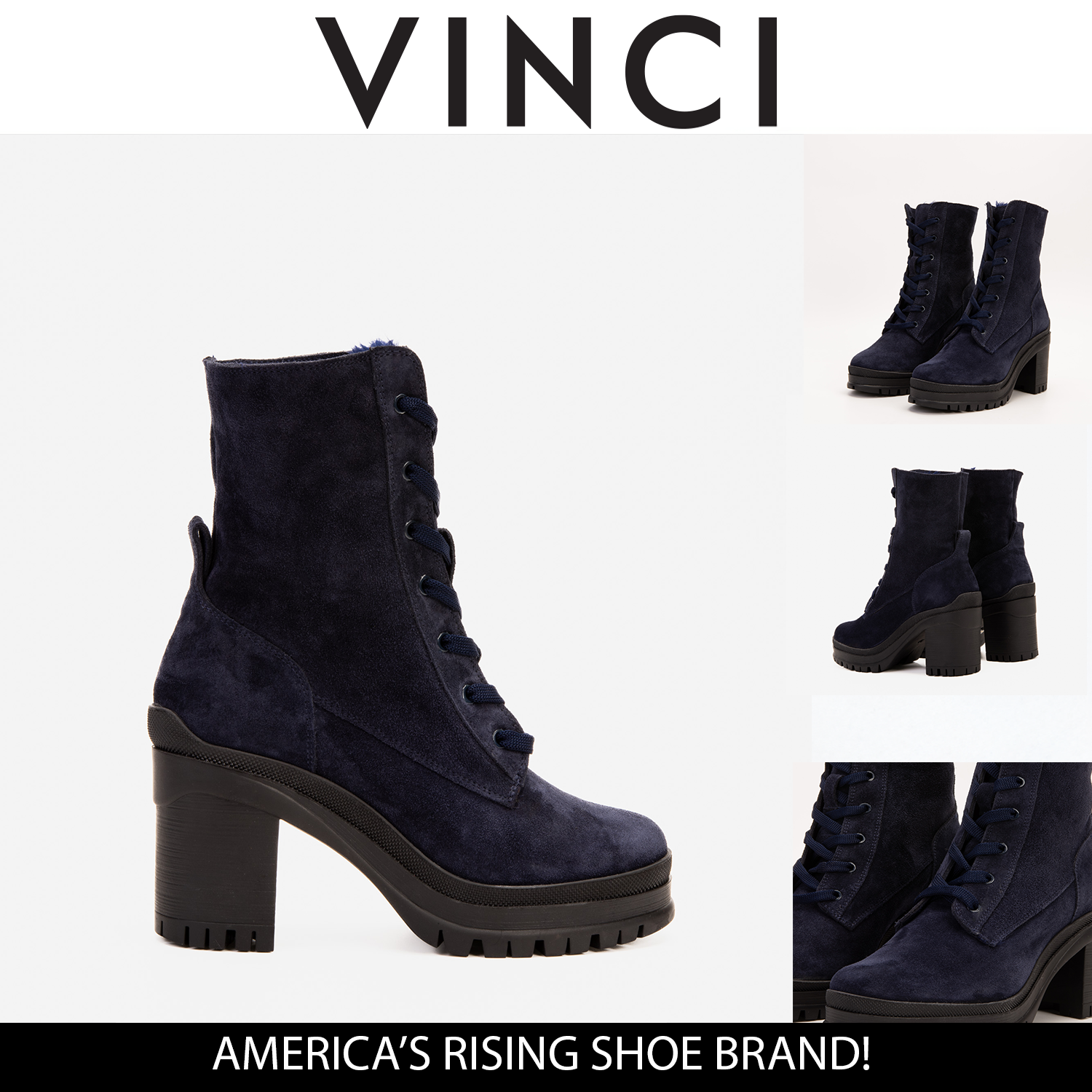 The Elera Navy Blue Leather Block Heel Women Boot