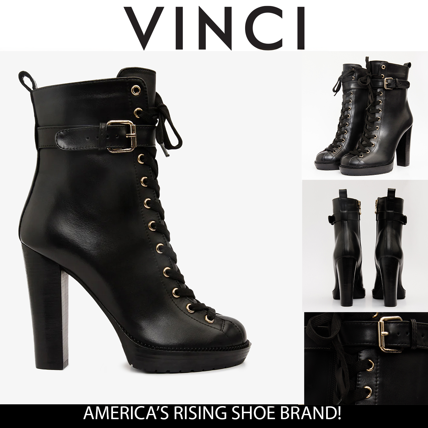 The Estrada Black Leather Lace-Up Platform Heel Mid Calf Women Boot