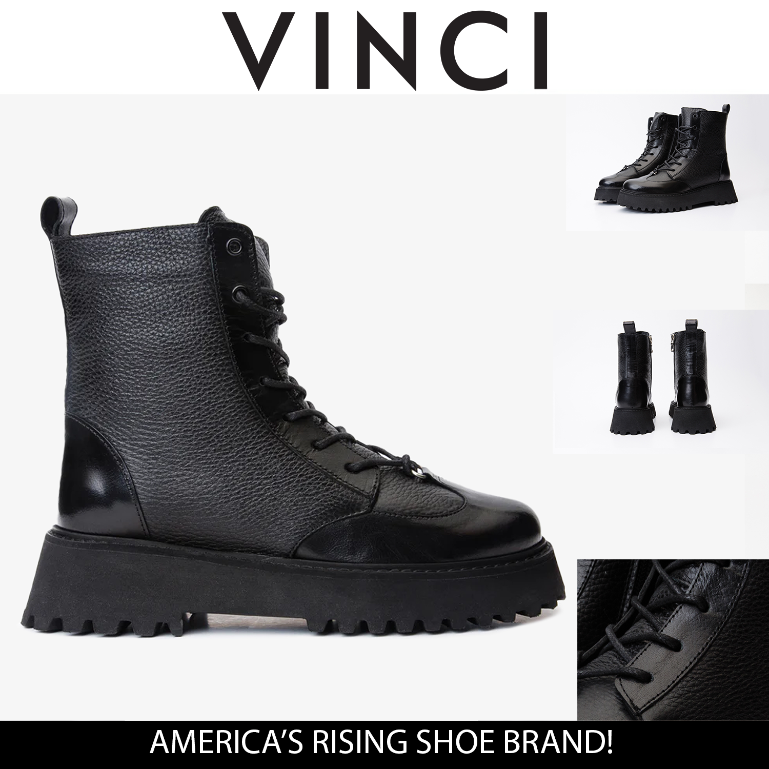 The Yildiz Black Leather Lace-Up Ankle Women  Boot With a Side Zipper