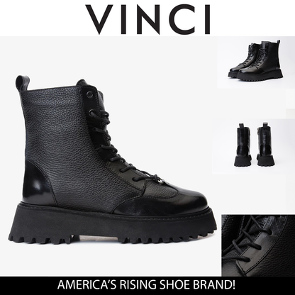 The Yildiz Black Leather Lace-Up Ankle Women  Boot With a Side Zipper