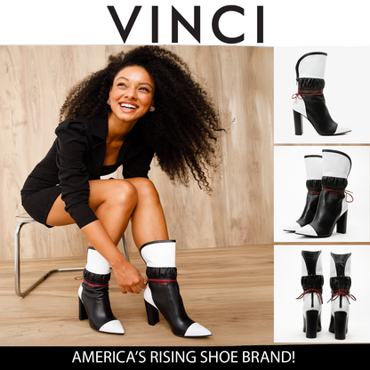 The Lucca Black & White Leather Mid Calf High Heel Women Boot Limited Edition