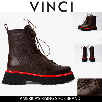 The Yildiz Brown Leather Lace-Up Ankle Women  Boot With a Side Zipper