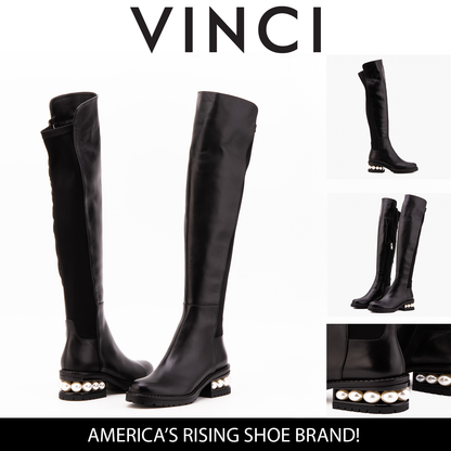 The Valeria Pearl Heel Knee-High Women Black Leather Boot