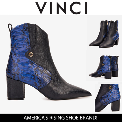 The Saturn Sax Blue Pythn Leather Block Heel  Women Boot