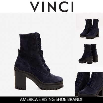 The Elera Navy Blue Leather Block Heel Women Boot