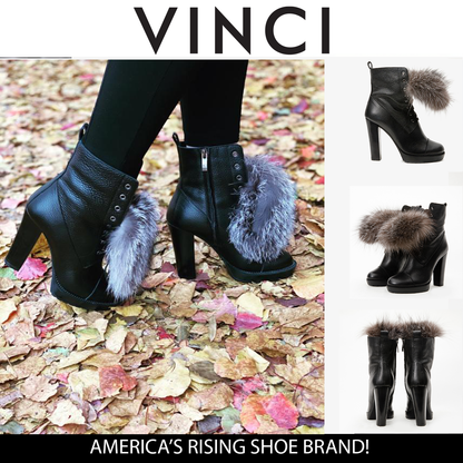 The Melo Black Leather Natural Fur Mid Calf Platform Heel Women Boot