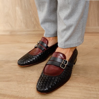 The Vatra Black & Burgundy Woven Double Monk Strap Men Shoe