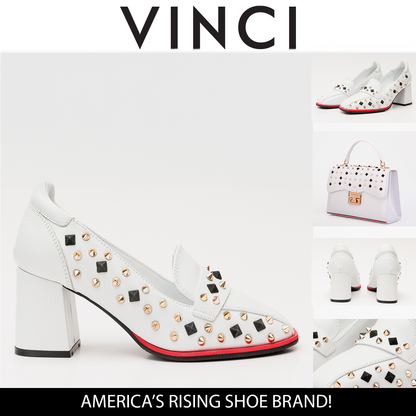 The Infanta White Spike Leather Block Heel Pump Women Shoe