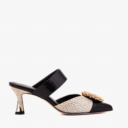 The Valencia Black & Cream Jewel Heel Women's Mule Sandal