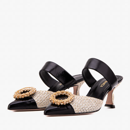 The Valencia Black & Cream Jewel Heel Women's Mule Sandal