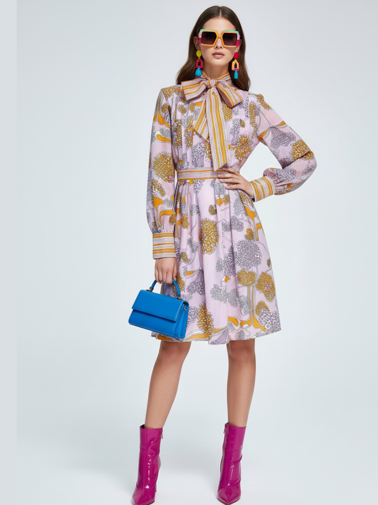 Vintage Print Mini Dress with Bowknot Collar and Colorblock For Women, Chelsea, BYMANYC New York.