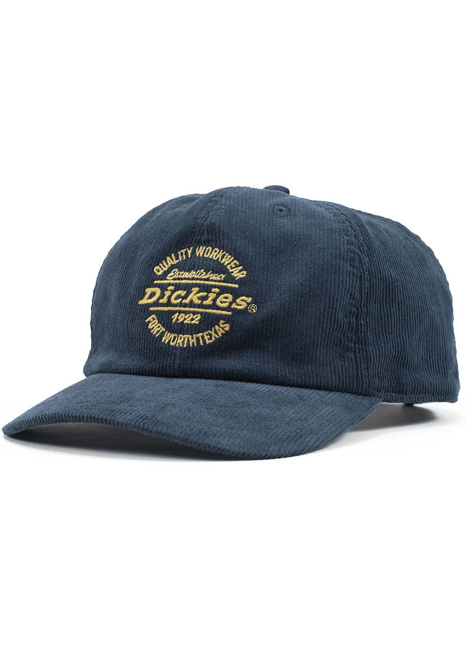 Blue corduroy cap with adjustable strap and embroidered logo detail