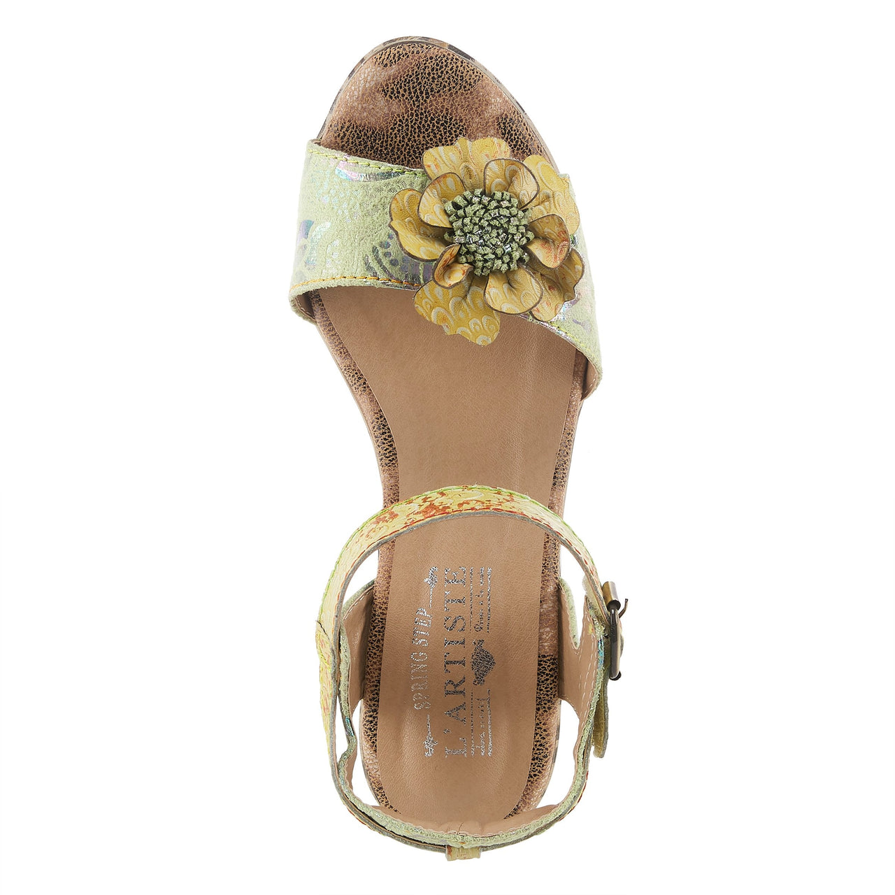 L'Artiste Wildcat Sandals in Teal leather with floral embossing