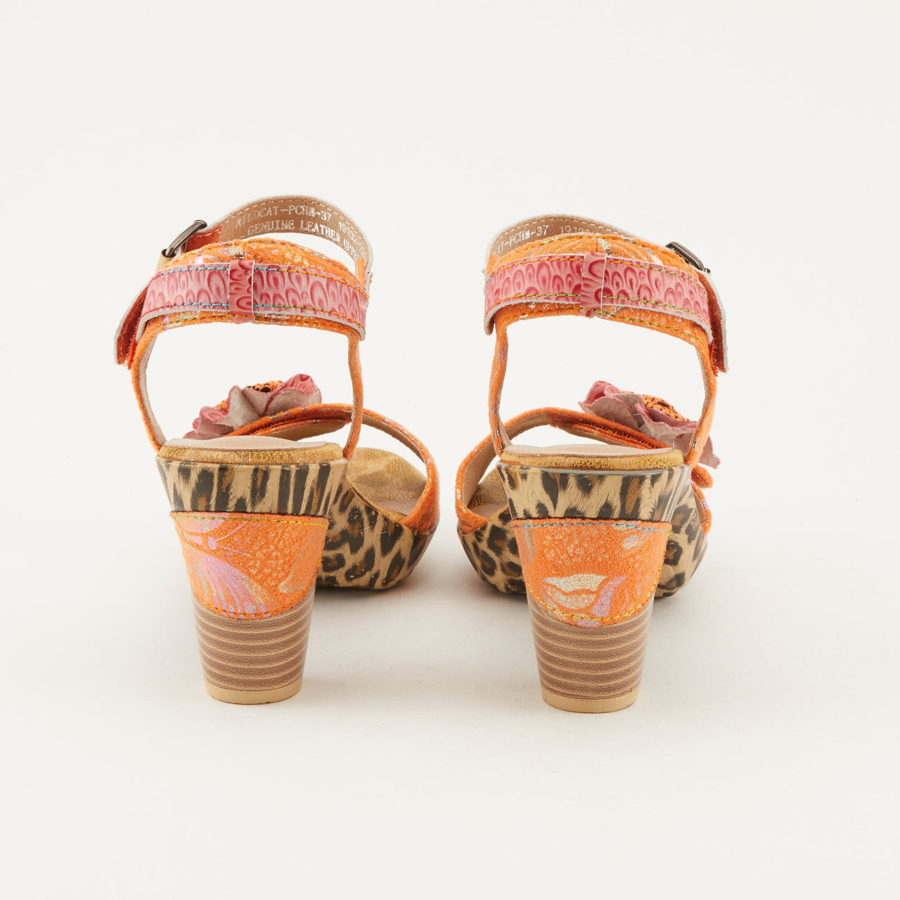 L'Artiste Wildcat Sandals in Camel leather with colorful geometric patterns