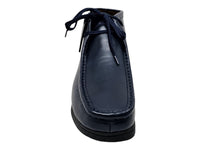 Thumbnail for A pair of dark navy leather men's Wallabee boots by British Walkers, featuring a versatile ankle boot design