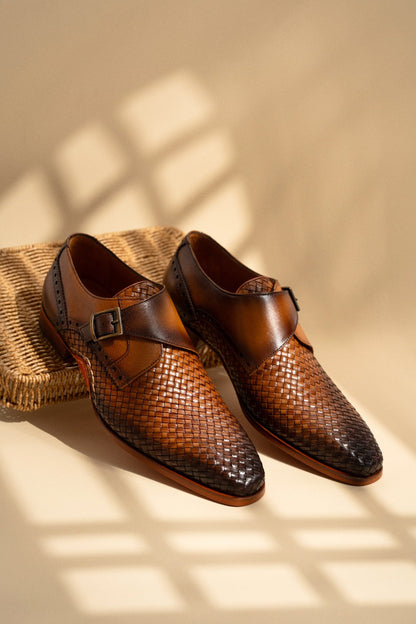 The Rolls  Woven Tan Leather Single Monk Strap  Handmade Men Shoe
