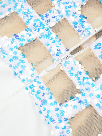 White Sequin Off-Shoulder Evening Gown For Women, Slim Fit, Midtown, BYMANYC New York.