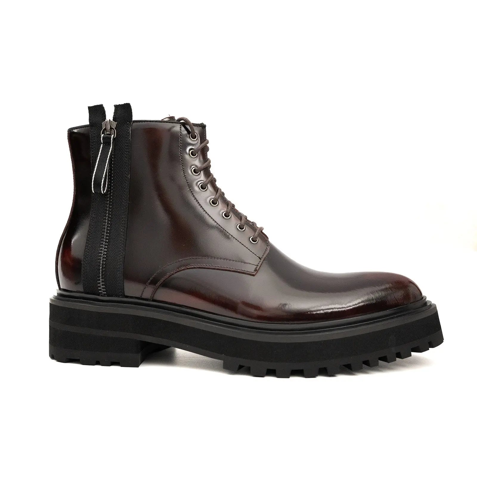 Brand Side Zip Combat Boot Patent Calfskin Wine Red