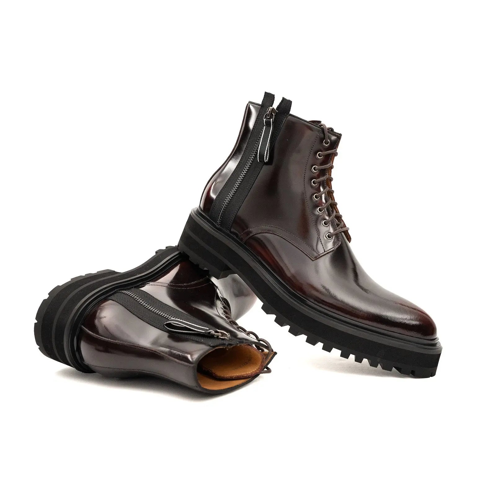 Brand Side Zip Combat Boot Patent Calfskin Wine Red