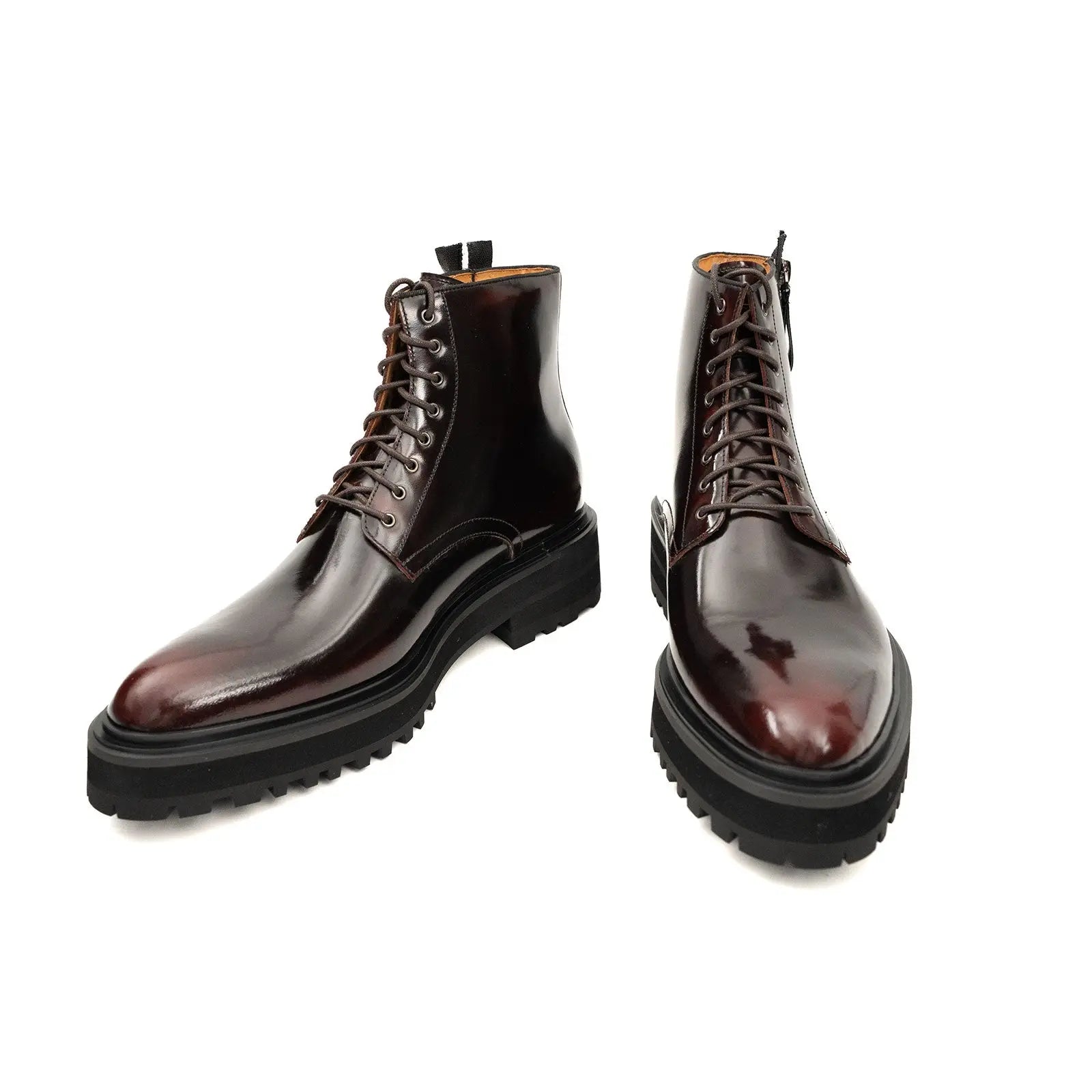 Brand Side Zip Combat Boot Patent Calfskin Wine Red