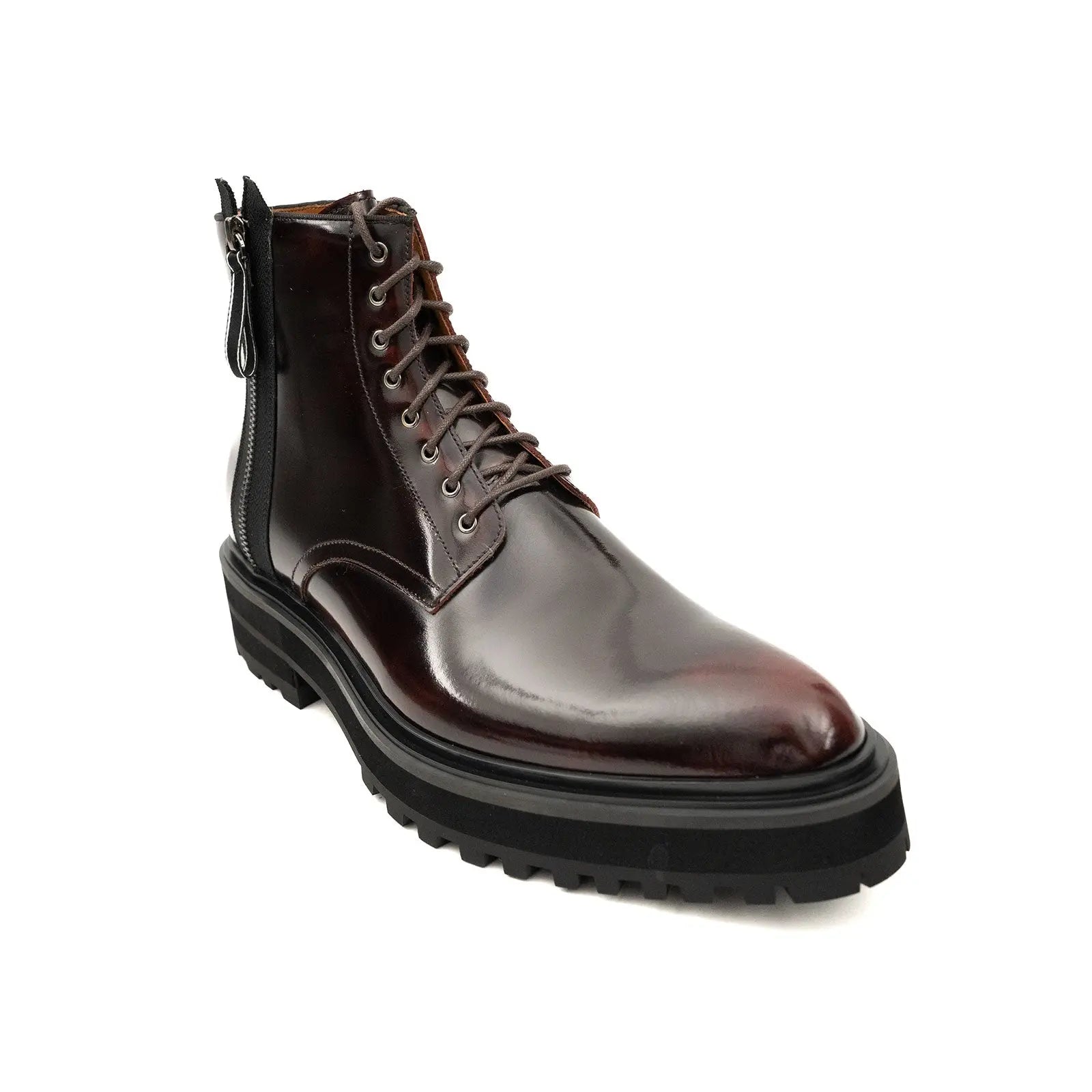 Brand Side Zip Combat Boot Patent Calfskin Wine Red