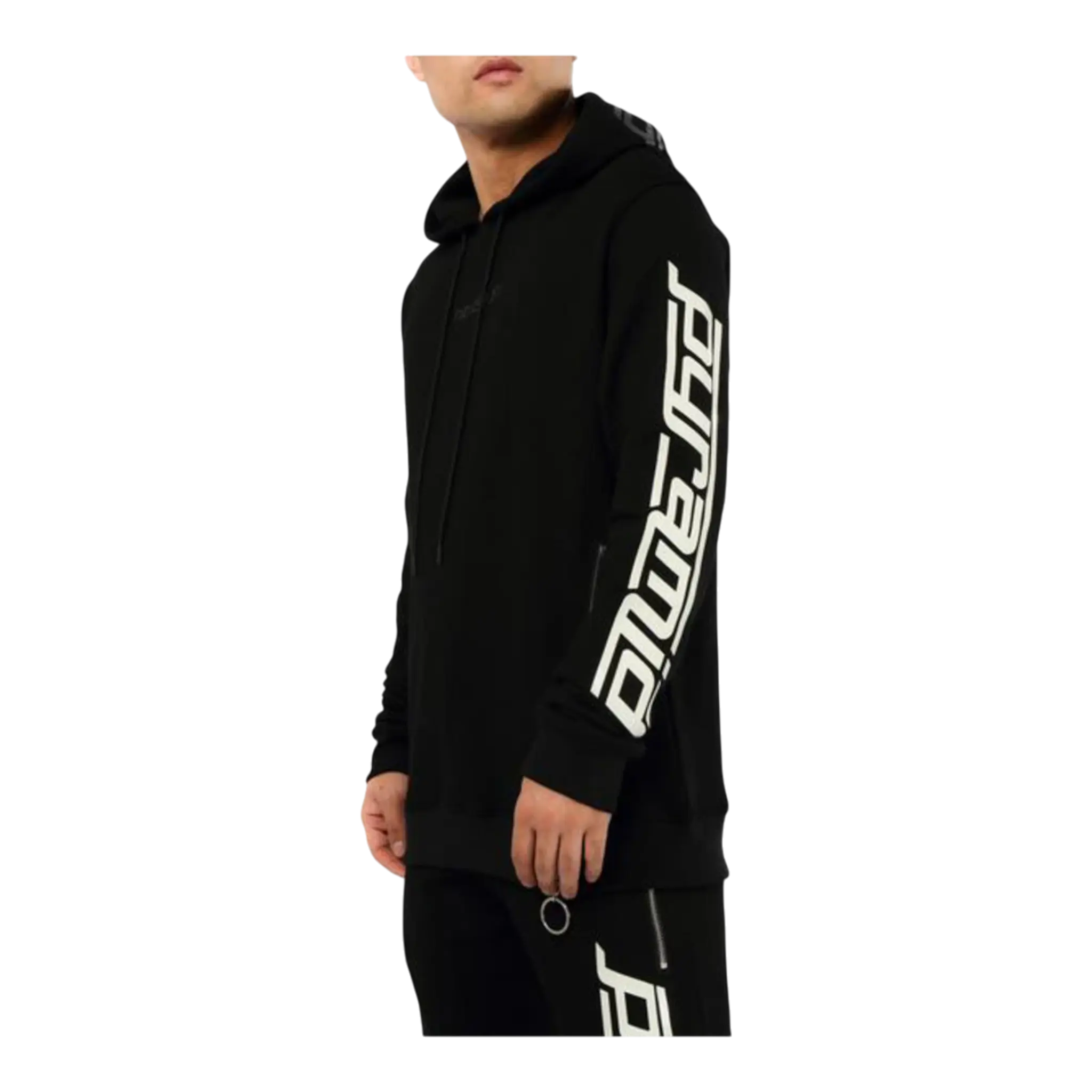 Black Pyramid Slant Zipper Men’s Hoodie – Black/White