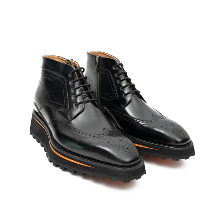 Zipper Brogue Martin Boots Men's Calfskin Leather Black 2890