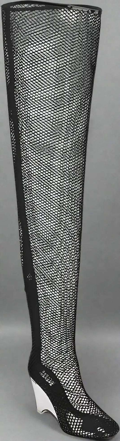 Alaïa Over the Knee black Mesh Boots with Plexiglass Wedge Heel 11cm