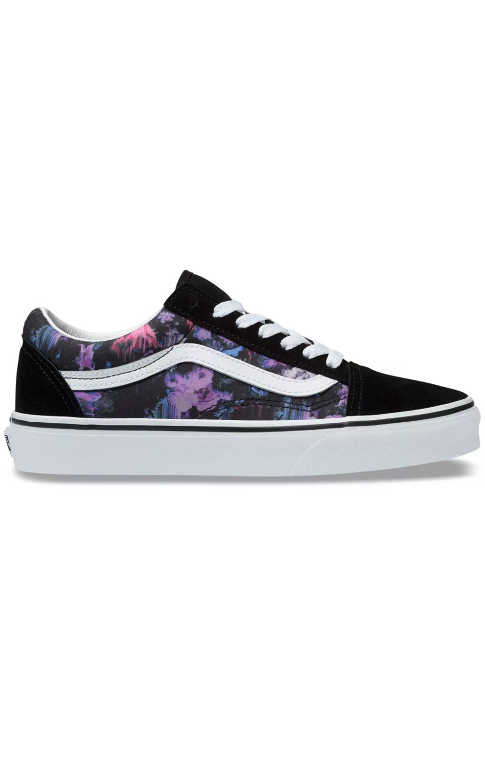 Alt text: (BV5T7R) Warped Floral Old Skool Shoe in Black/True White, a stylish and edgy sneaker with a unique floral pattern and classic color combination