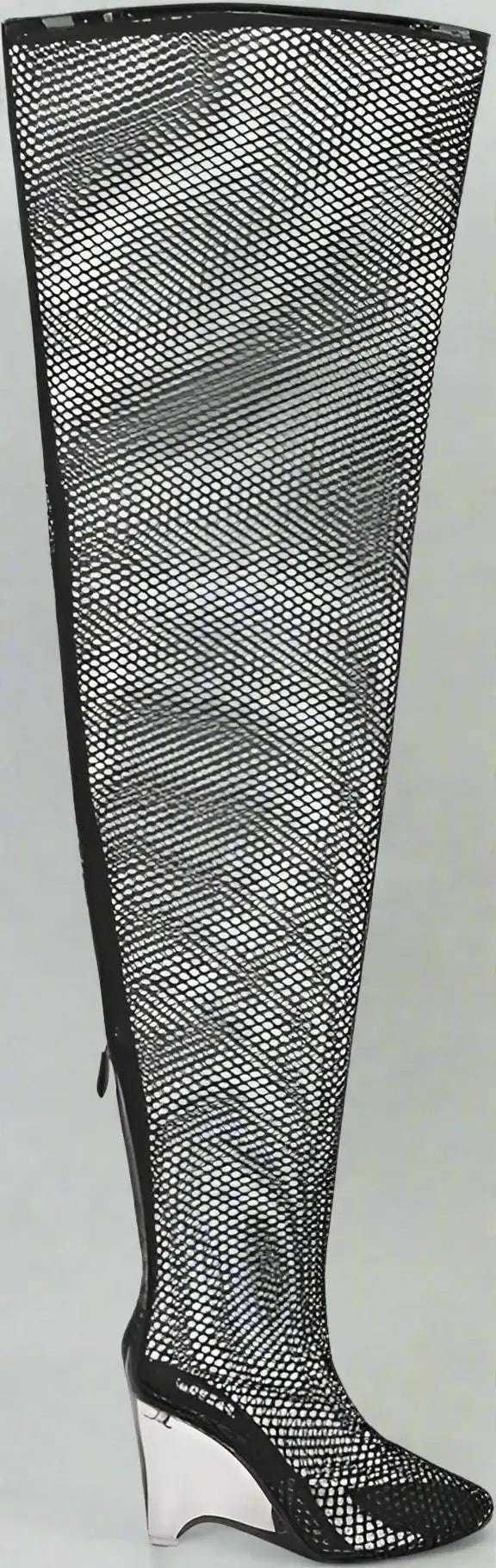 Alaïa Over the Knee black Mesh Boots with Plexiglass Wedge Heel 11cm