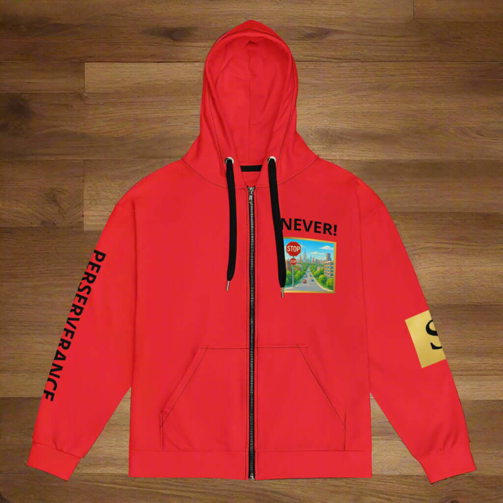 "PERSEVERANCE" Unisex red graphic zip Unisex zip hoodie (Updated Design)