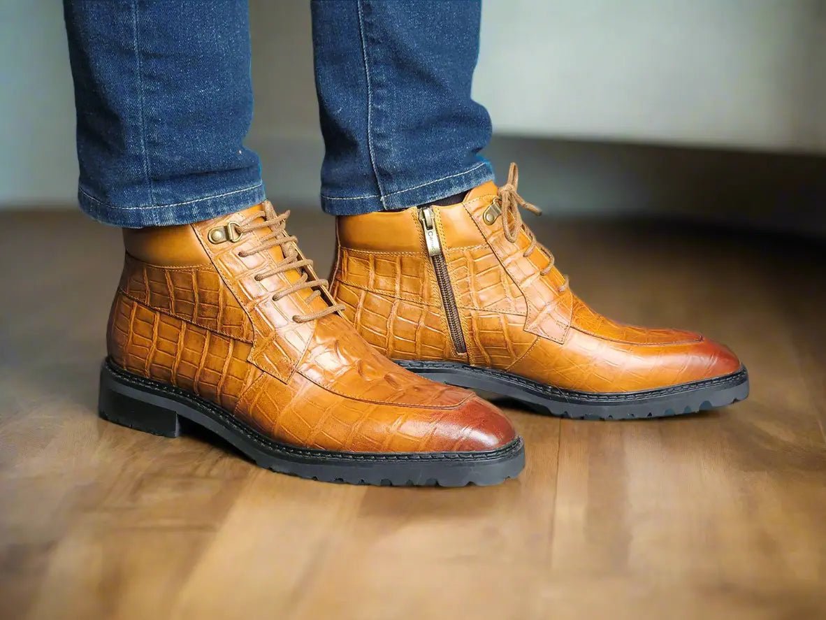 Alligator Embossed Lace Up Boots Men's Calfskin Leather Kb516 - 50 Boots by Carrucci Shoes – Don't Panic Shoes