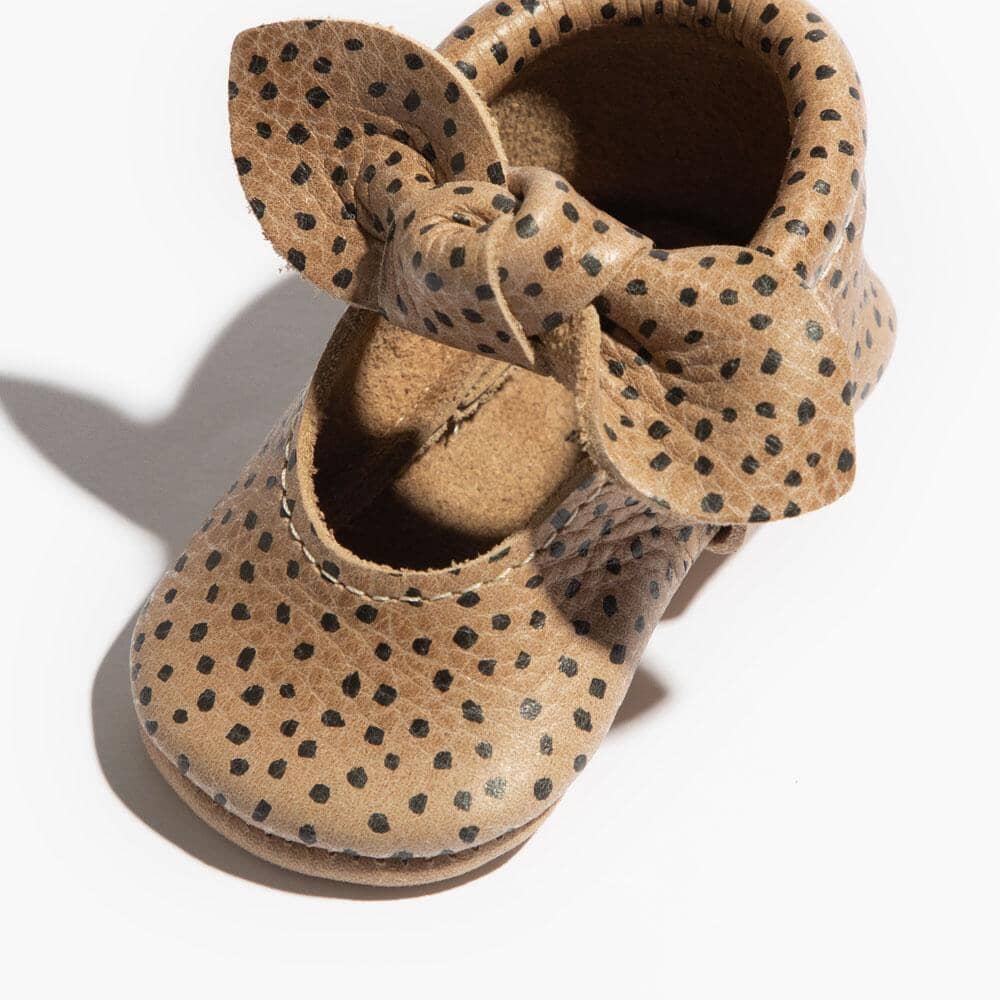Almond Speckles Knotted Bow Baby Shoe Knotted Bow Mocc by Freshly Picked – Don't Panic Shoes