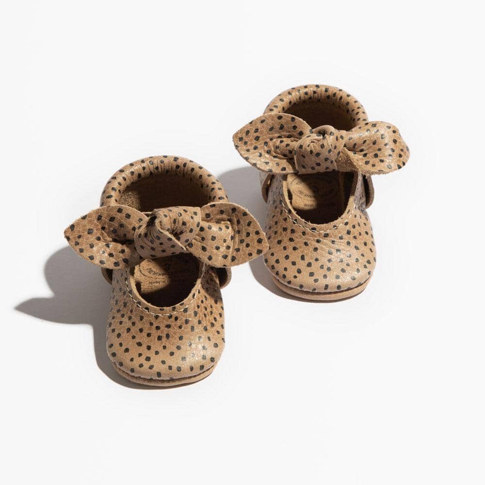 Almond Speckles Knotted Bow Baby Shoe Knotted Bow Mocc by Freshly Picked – Don't Panic Shoes