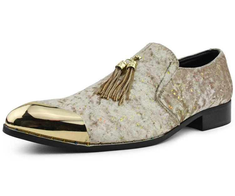 Amali Chaz Taupe Men’S Gold Glitter Dress Shoes Smoking Slippers by Amali – Don't Panic Shoes