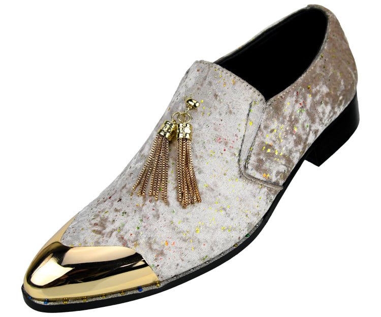 Amali Chaz Taupe Men’S Gold Glitter Dress Shoes Smoking Slippers by Amali – Don't Panic Shoes