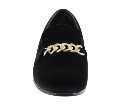 Amali Fay Black Men’S Velvet Slippers With Gold Chain Smoking Slippers by Amali – Don't Panic Shoes