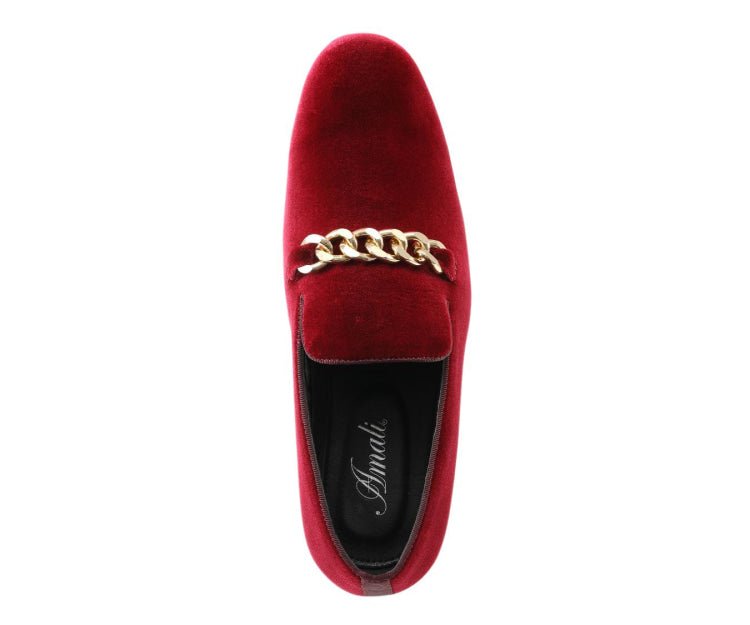 Amali Fay Burgundy Men's Velvet Slip On Loafers With Chain Smoking Slippers by Amali – Don't Panic Shoes