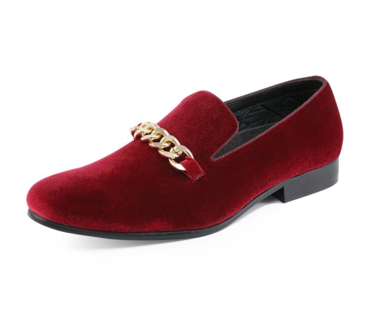 Amali Fay Burgundy Men's Velvet Slip On Loafers With Chain Smoking Slippers by Amali – Don't Panic Shoes