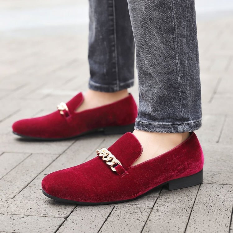 Amali Fay Burgundy Men's Velvet Slip On Loafers With Chain Smoking Slippers by Amali – Don't Panic Shoes