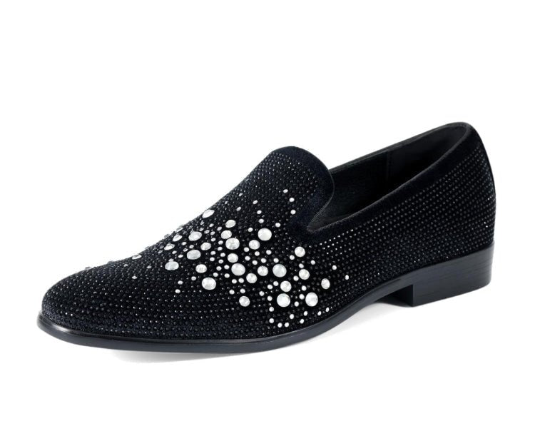 Amali Ivano Luxe RhineStone Loafers Men’s Velvet Black Silver Smoking Slippers by Amali – Don't Panic Shoes