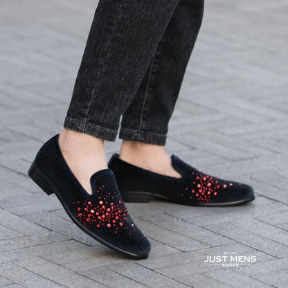 Amali Ivano Luxe Velvet RhineStone Loafers Men’s Black Red Smoking Slippers by Amali – Don't Panic Shoes