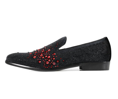 Amali Ivano Luxe Velvet RhineStone Loafers Men’s Black Red Smoking Slippers by Amali – Don't Panic Shoes